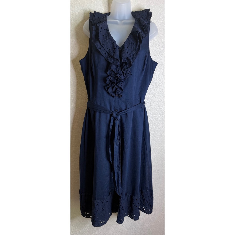 Jones New York Womens 14 Midi Dress Navy Blue Eyelet Ruffle Belted Cotton Career